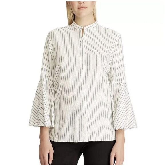 Chaps Black White Striped Linen Blend Bell Sleeve Button Up Blouse Top Plus XXL - Picture 1 of 11